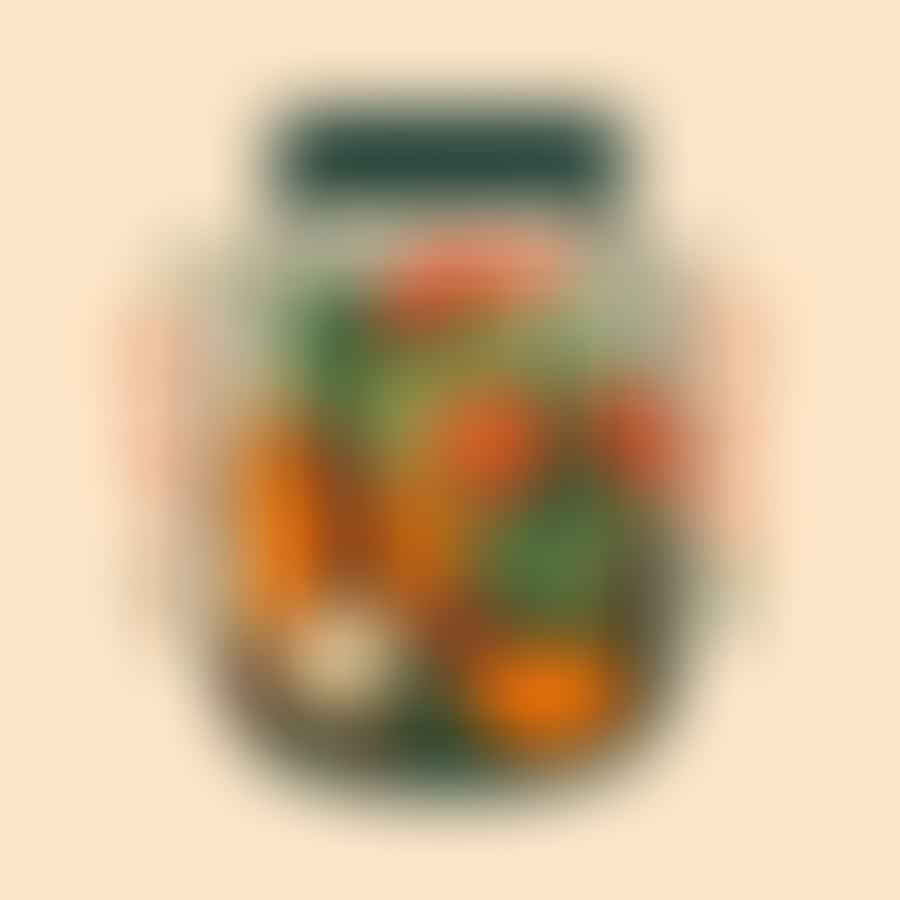 A jar with layers of spices, herbs, and vegetables