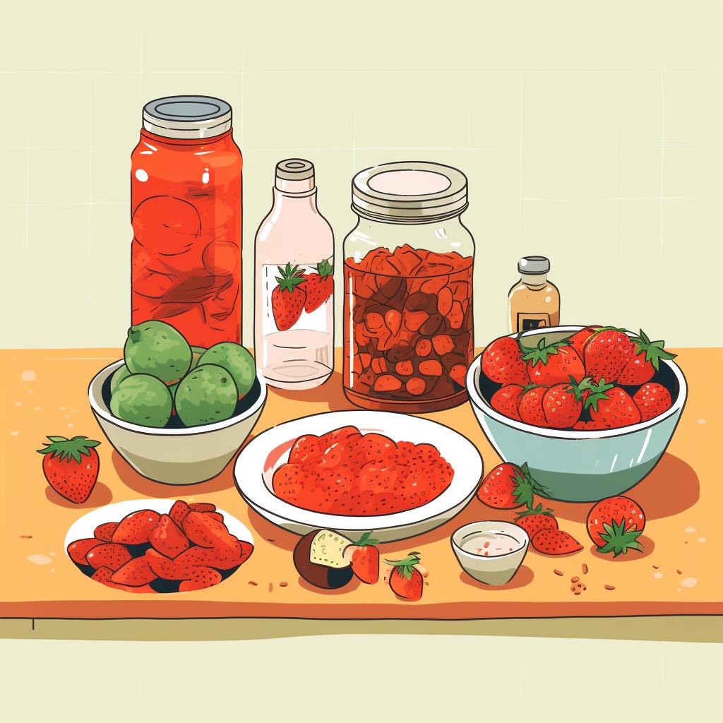 Ingredients for pickling strawberries laid out on a kitchen counter