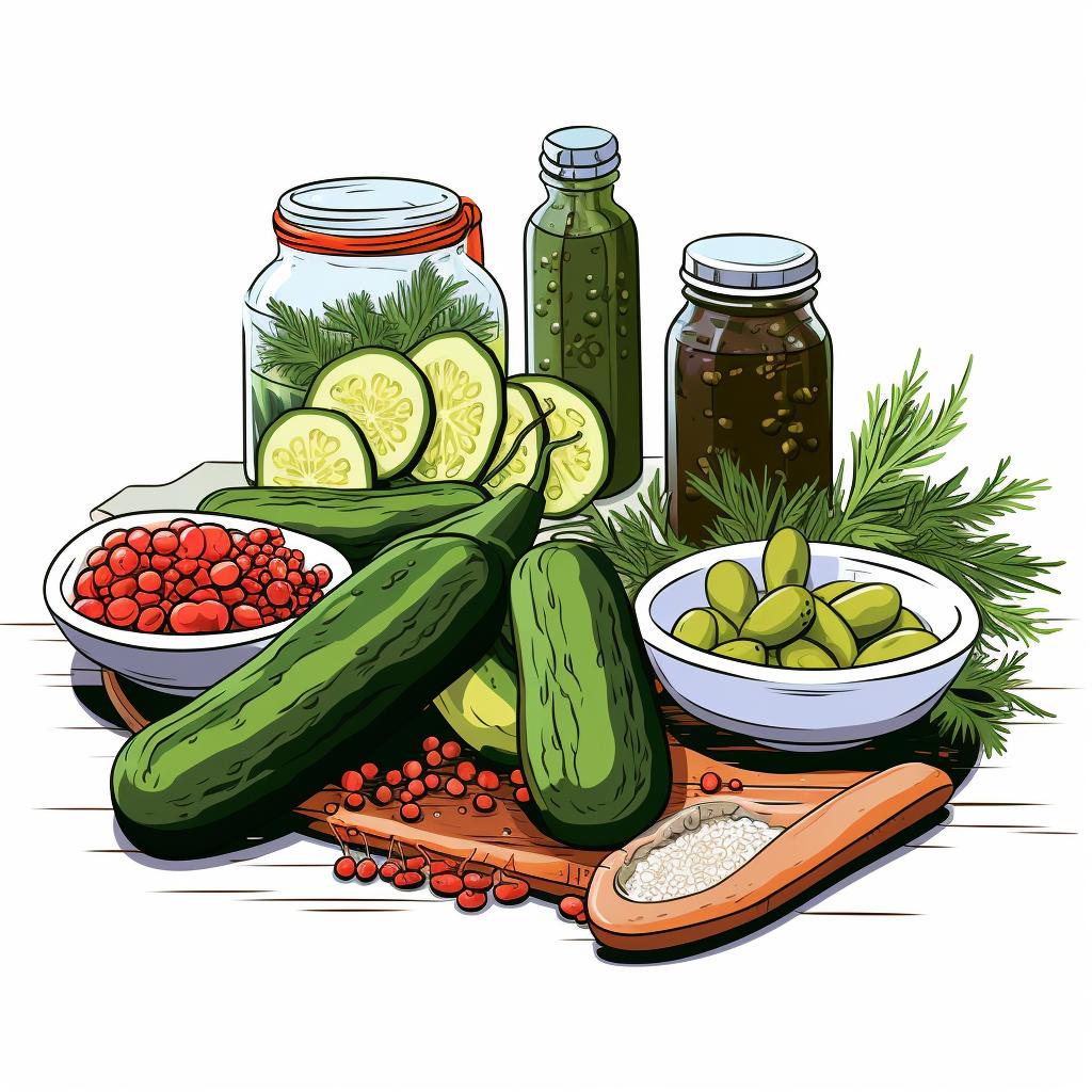 Fresh cucumbers and other pickling ingredients laid out on a kitchen counter.