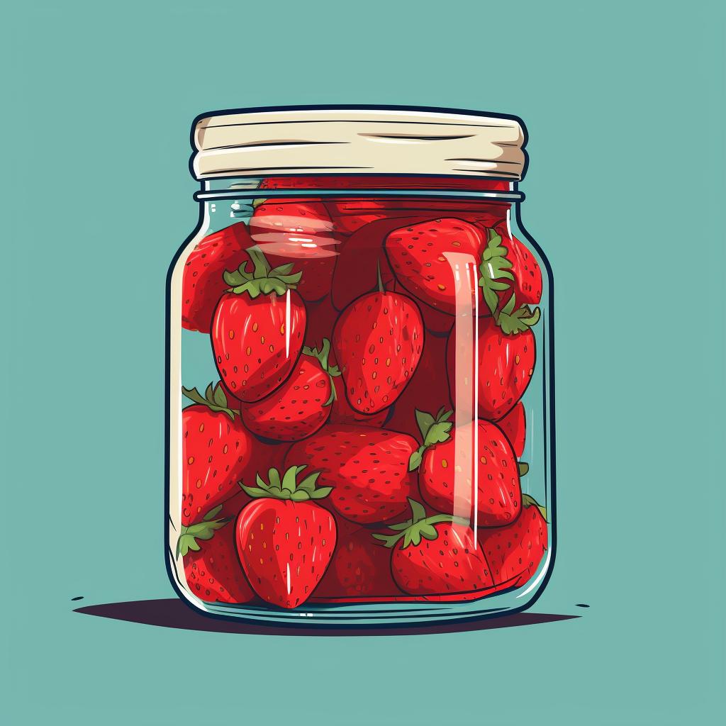 Pickled strawberries in a jar resting in the refrigerator