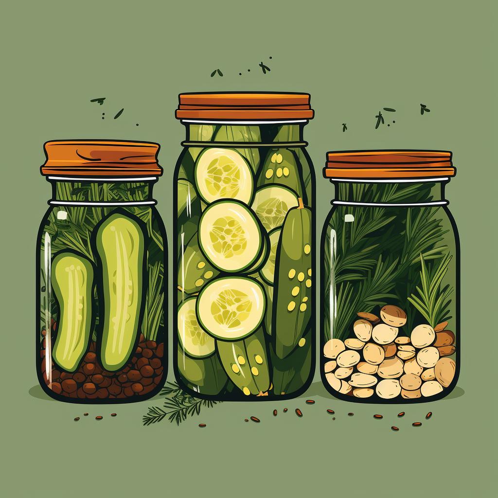 Sliced cucumbers, dill, garlic, and spices being packed into glass jars.