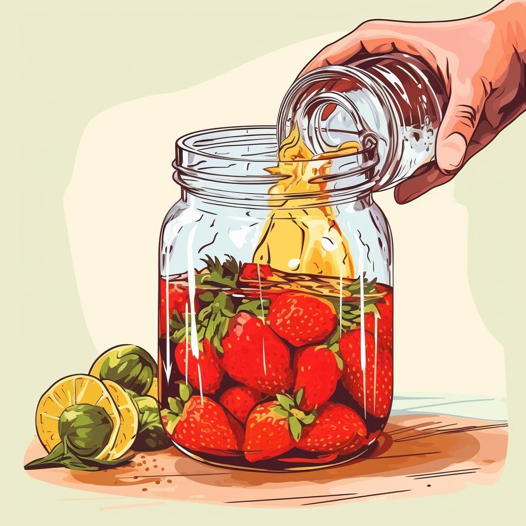 Pouring hot pickling brine over strawberries in a jar