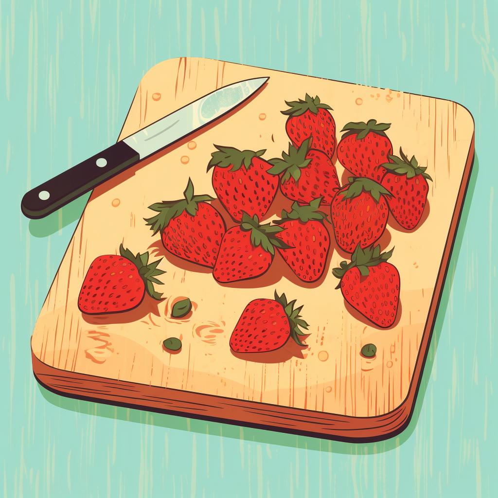 Freshly washed and cut strawberries on a cutting board