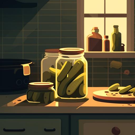 Sealed jars of pickles cooling on a kitchen counter.
