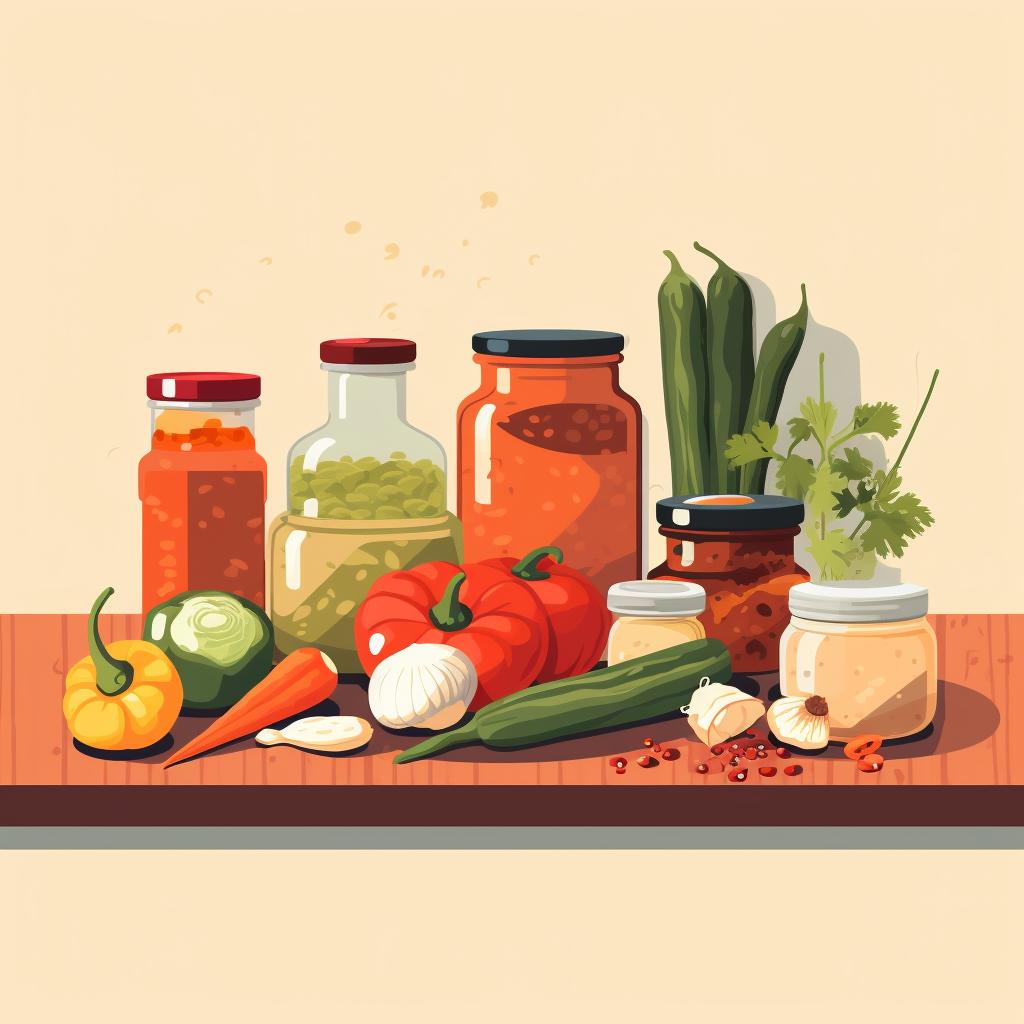 Assortment of fresh vegetables, spices, and jars on a kitchen counter