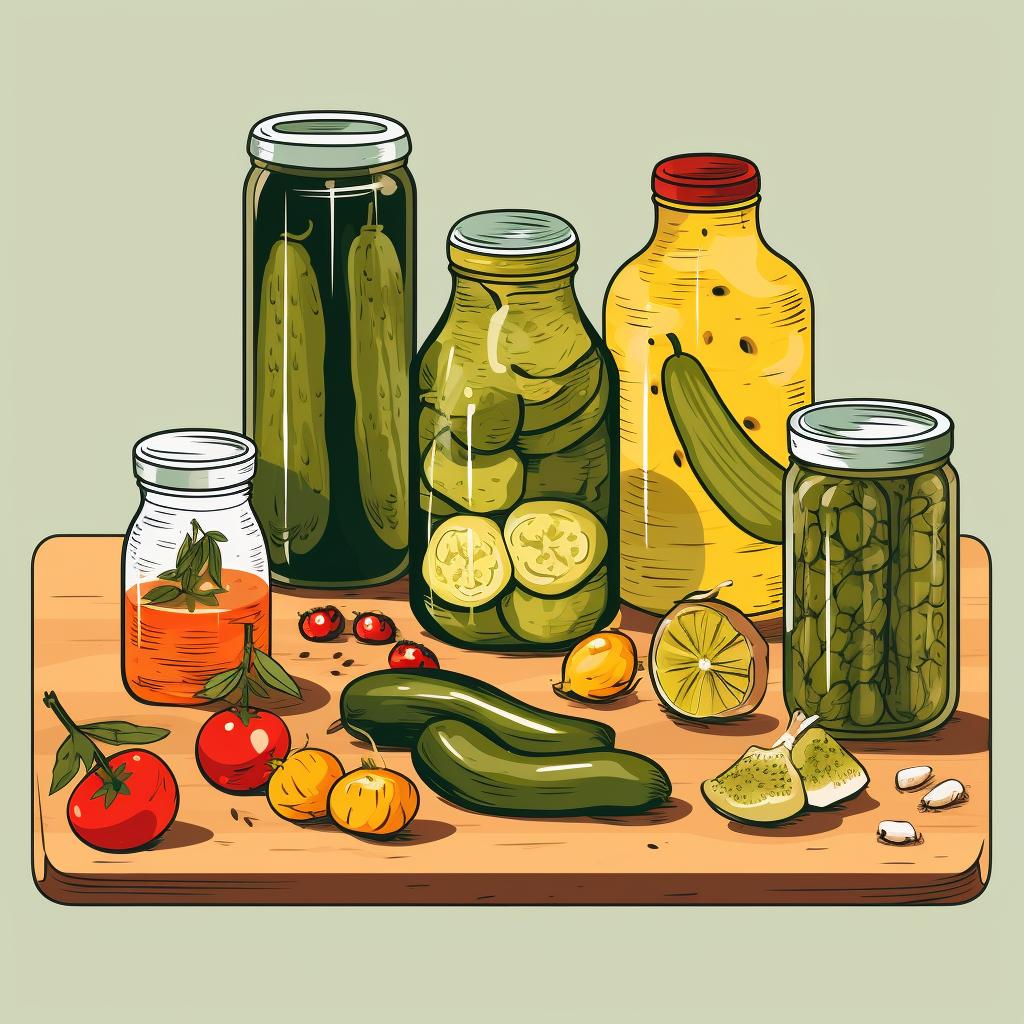 Ingredients for pickling displayed on a kitchen counter.