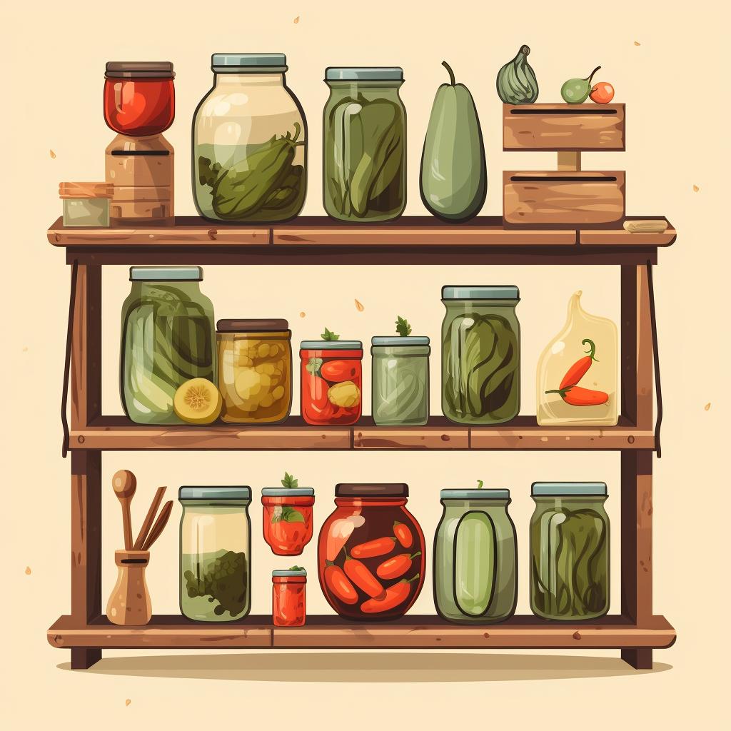 A collection of pickling tools including jars, lids, a funnel, and a rack.