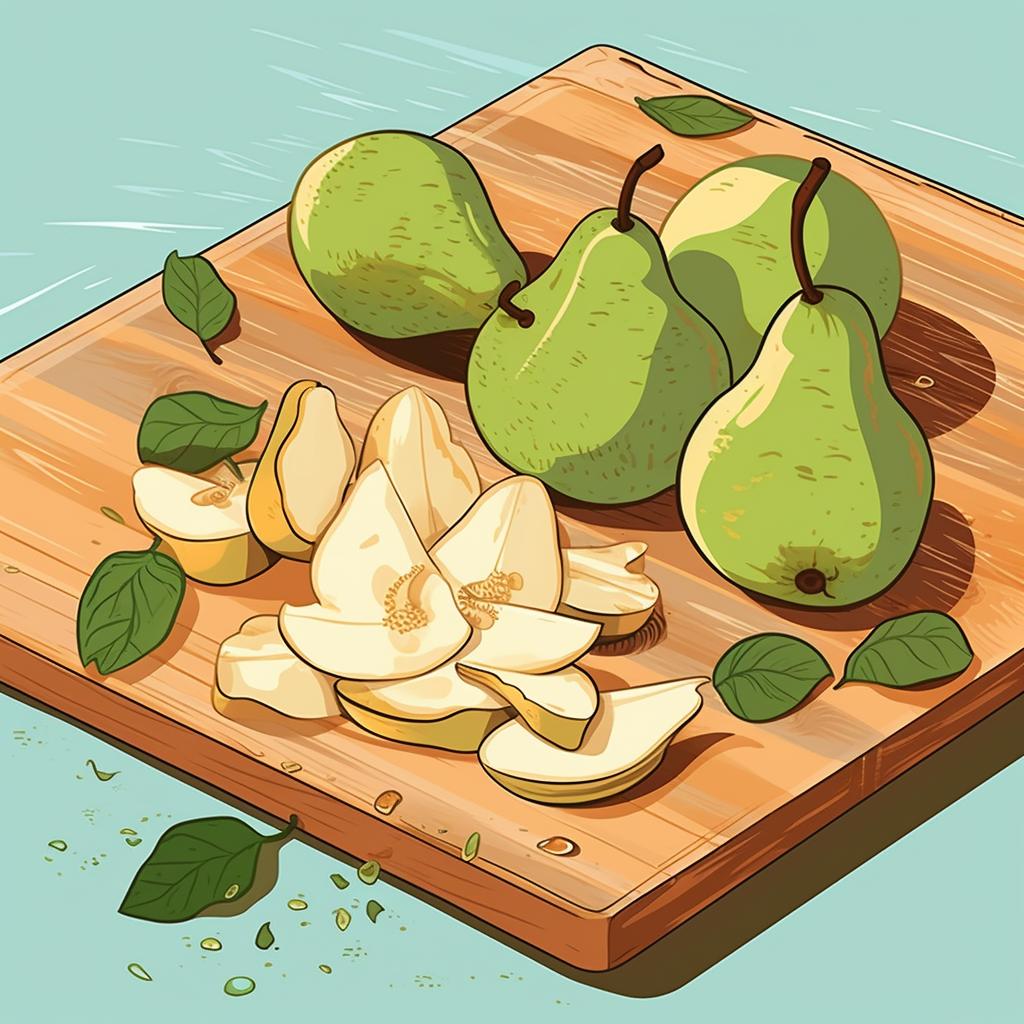 Freshly washed, peeled, and cored pears on a cutting board
