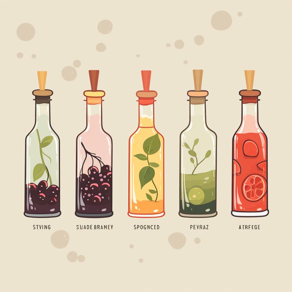 Different types of vinegars lined up.