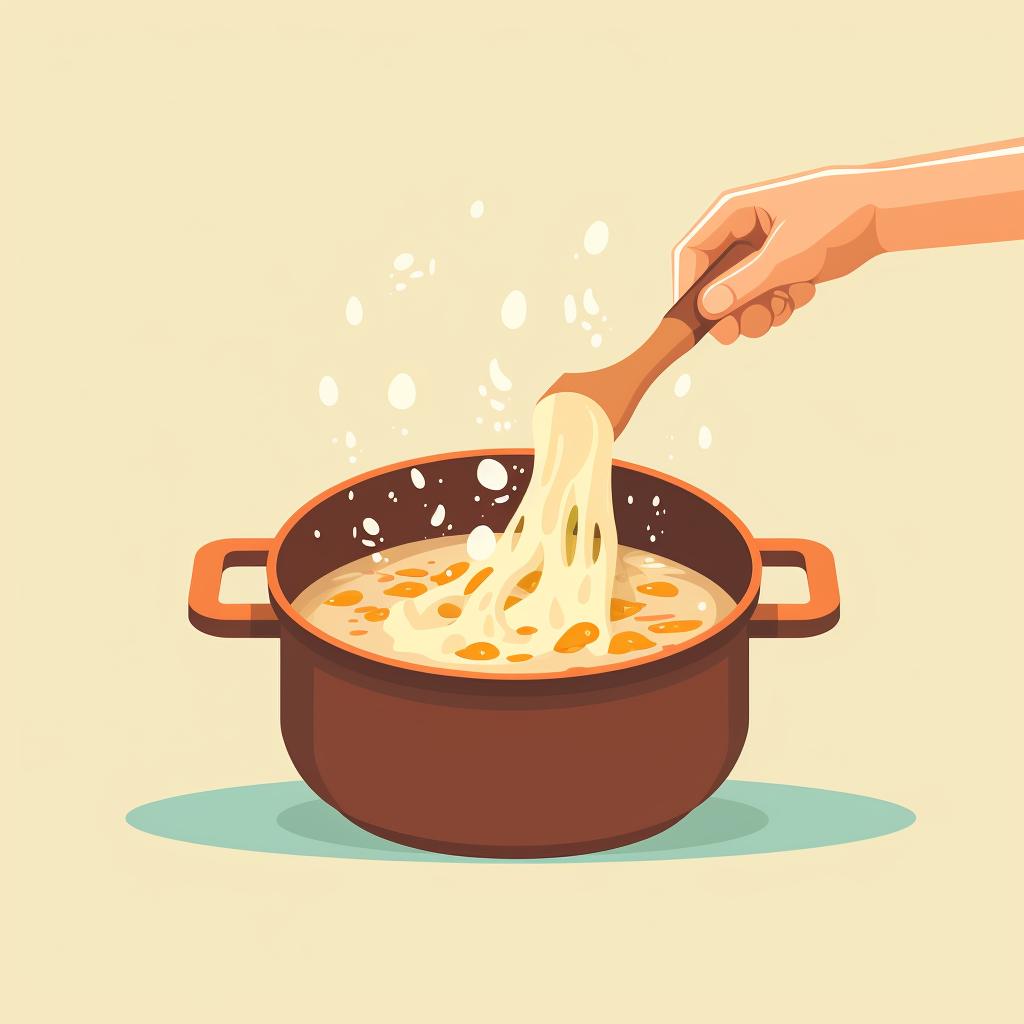 Hand stirring a pot of brine with a wooden spoon