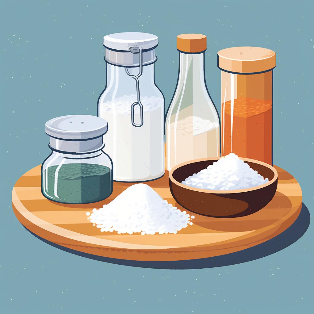 Vinegar, pickling salt, and sugar arranged on a kitchen counter