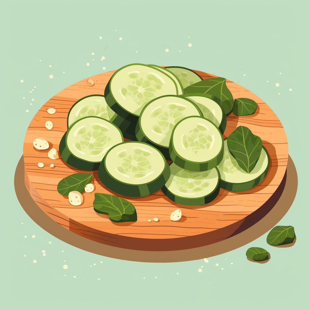 Freshly washed and sliced cucumbers on a cutting board