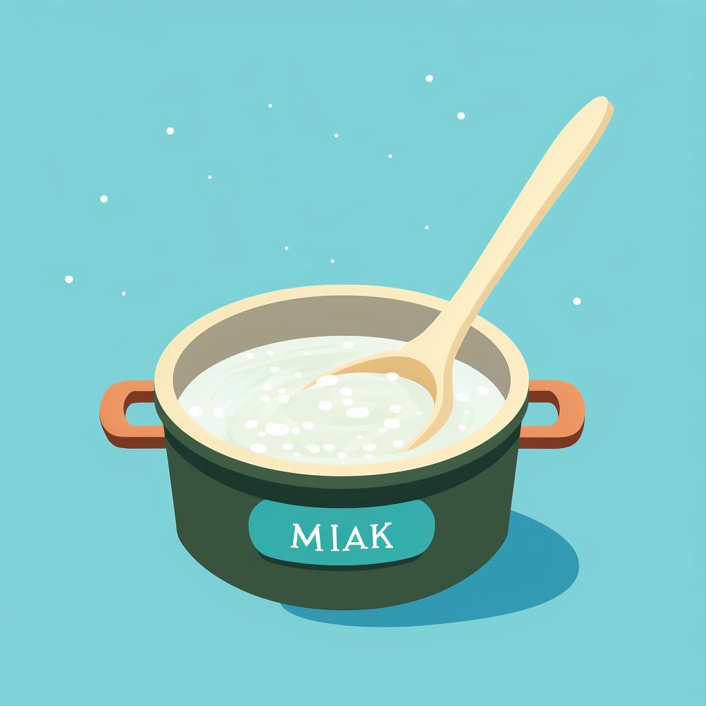 A pot with water and pickling salt, with a wooden spoon stirring the mixture