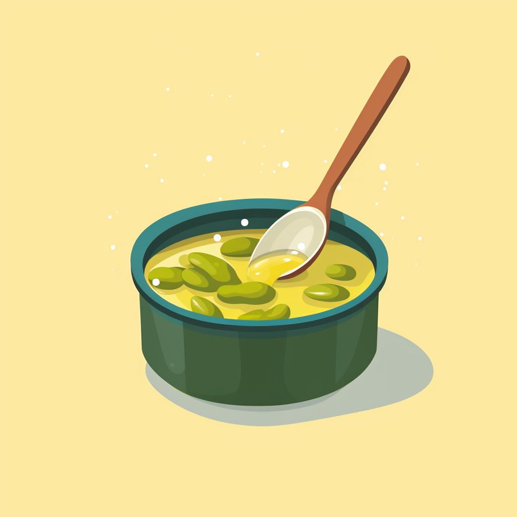 A bowl of pickling solution with a spoon stirring it.