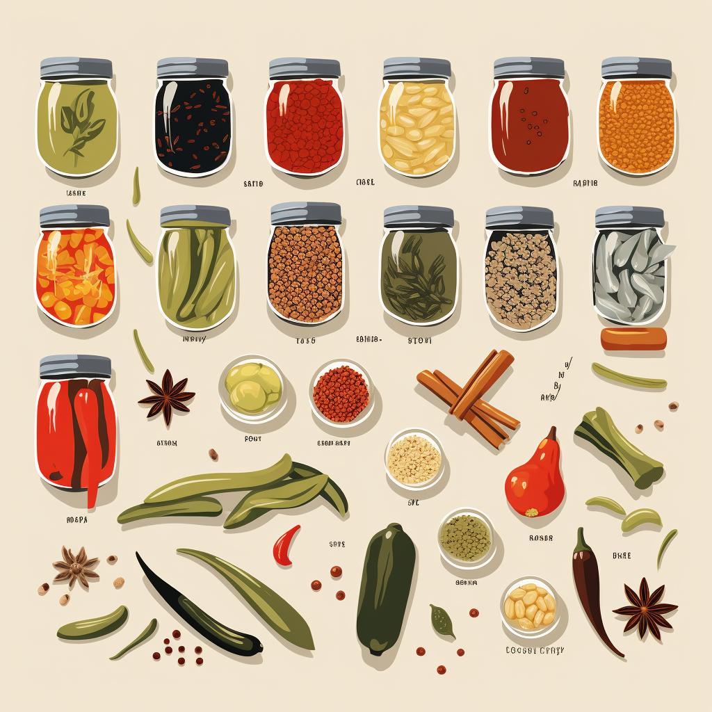 A variety of pickling spices spread out