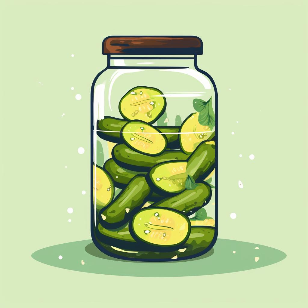 Fresh cucumbers being added to the brine in a glass jar