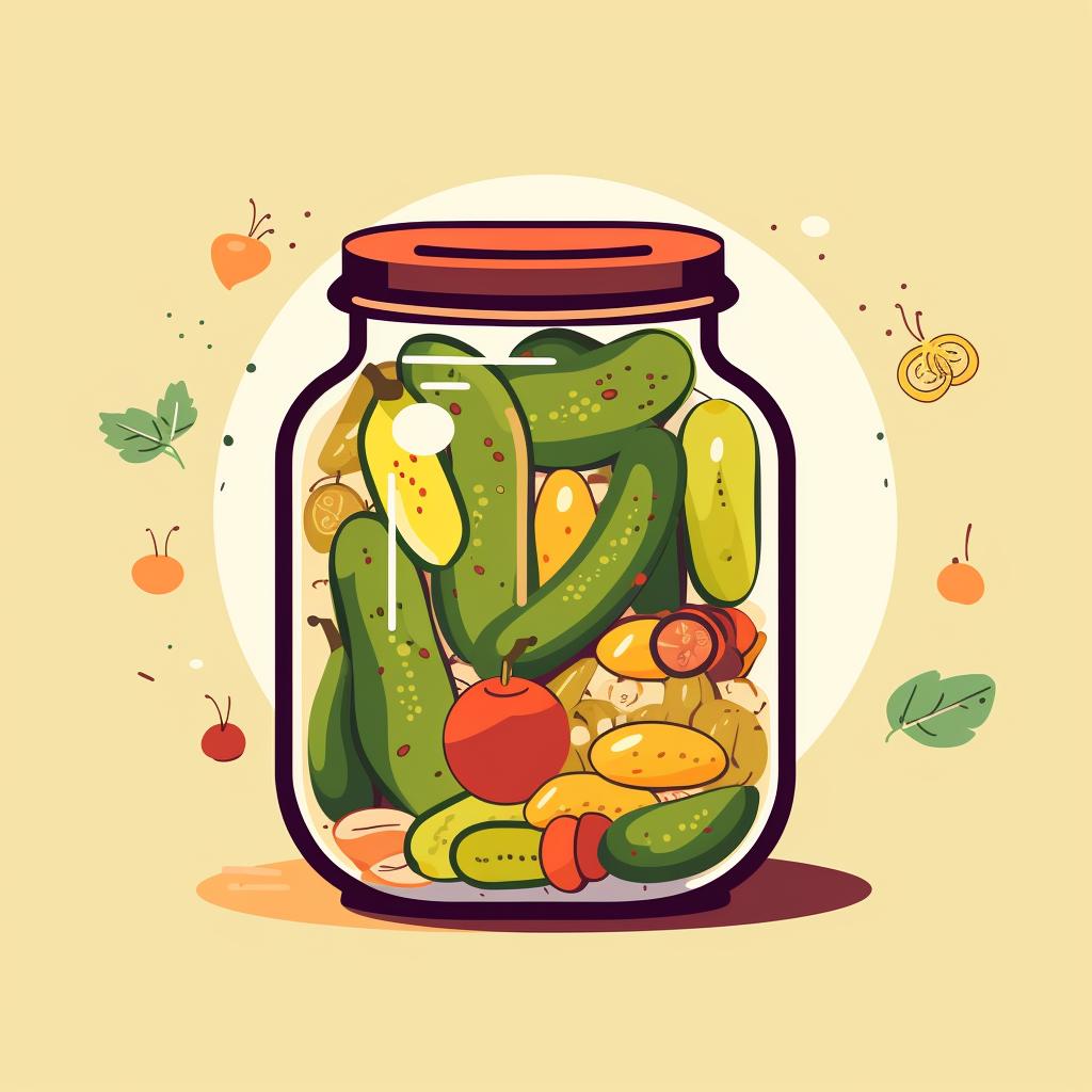 A jar filled with food items and pickling solution.