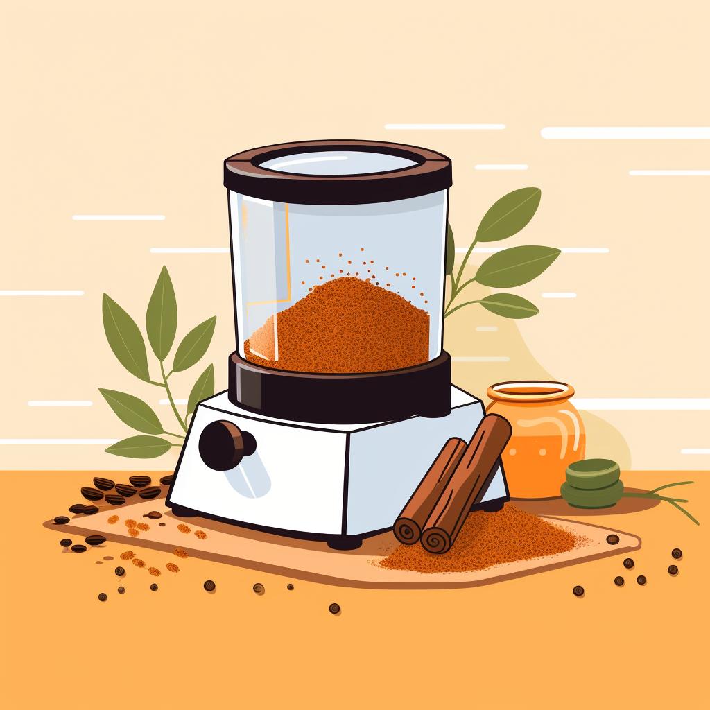 Spice mix being ground in a spice grinder