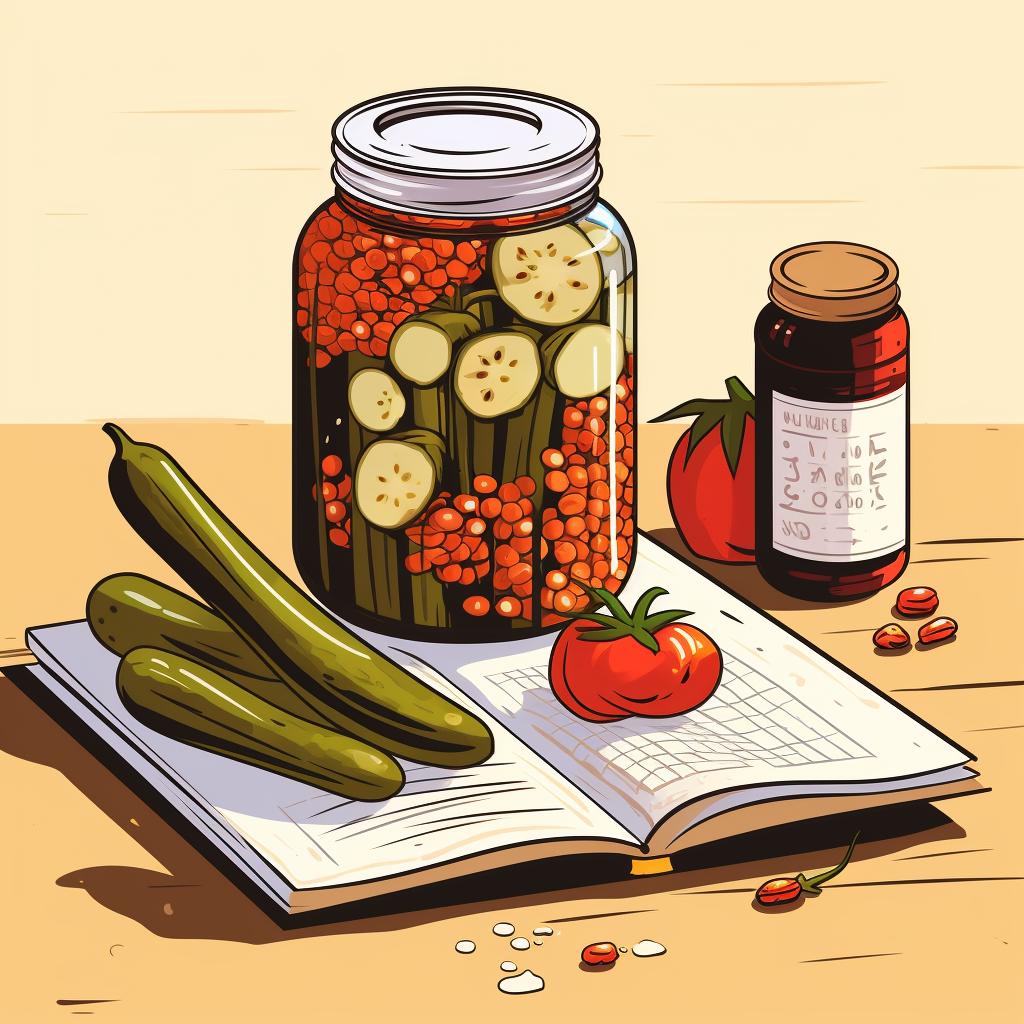 A pickling recipe book placed next to the pickling essentials
