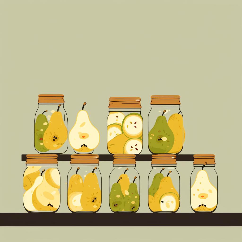Pears being transferred into jars with the pickling solution