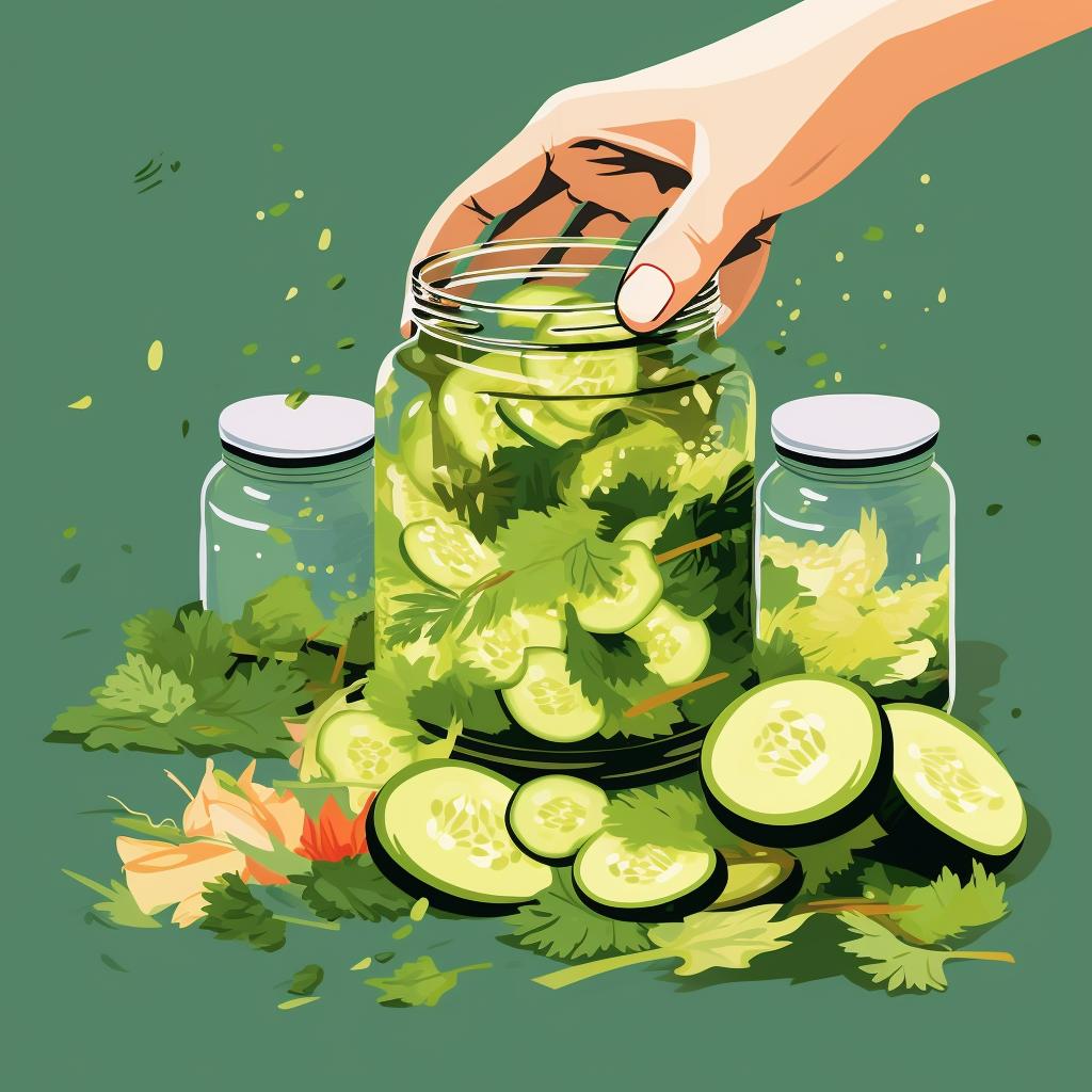 Hands packing sliced cucumbers into a glass jar