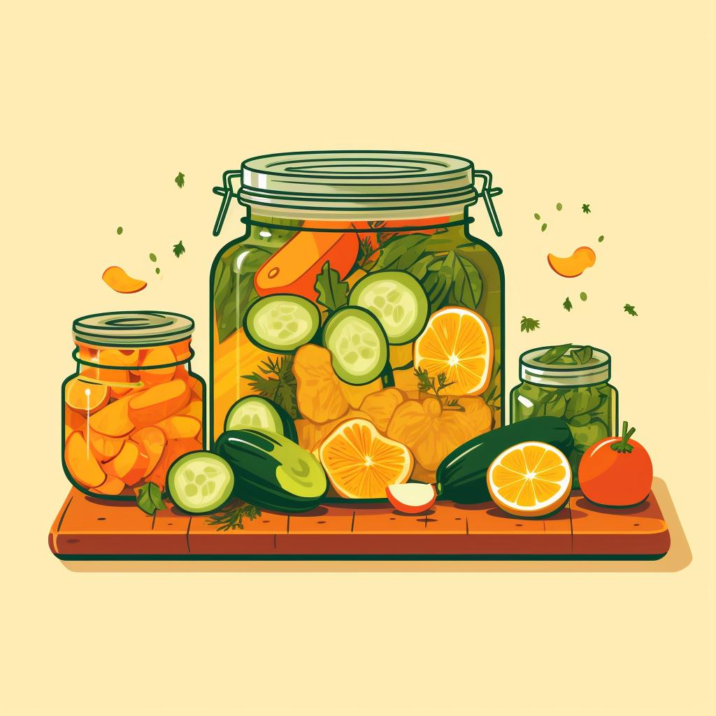 Fruits and vegetables being prepared for pickling.