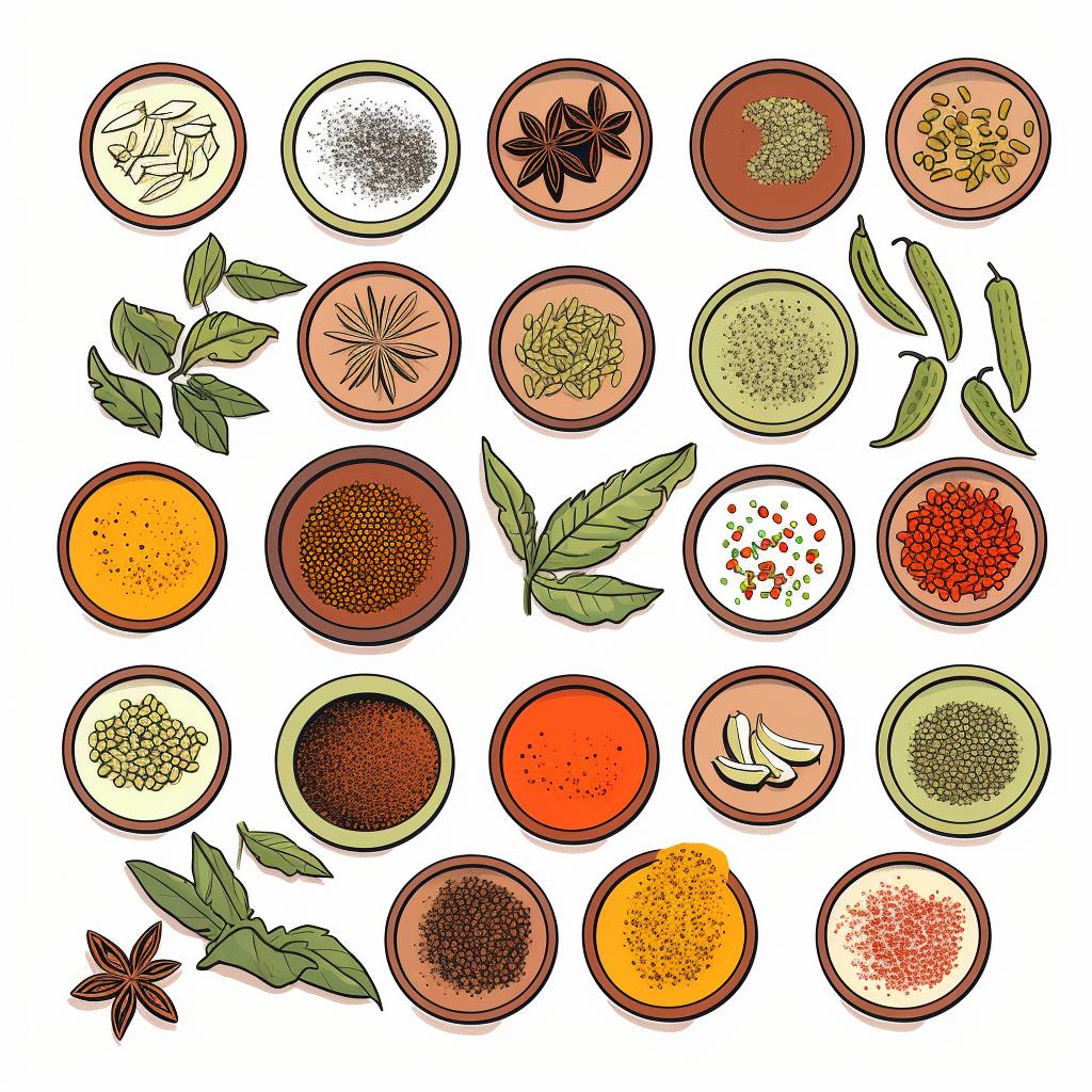 A variety of spices in small bowls.