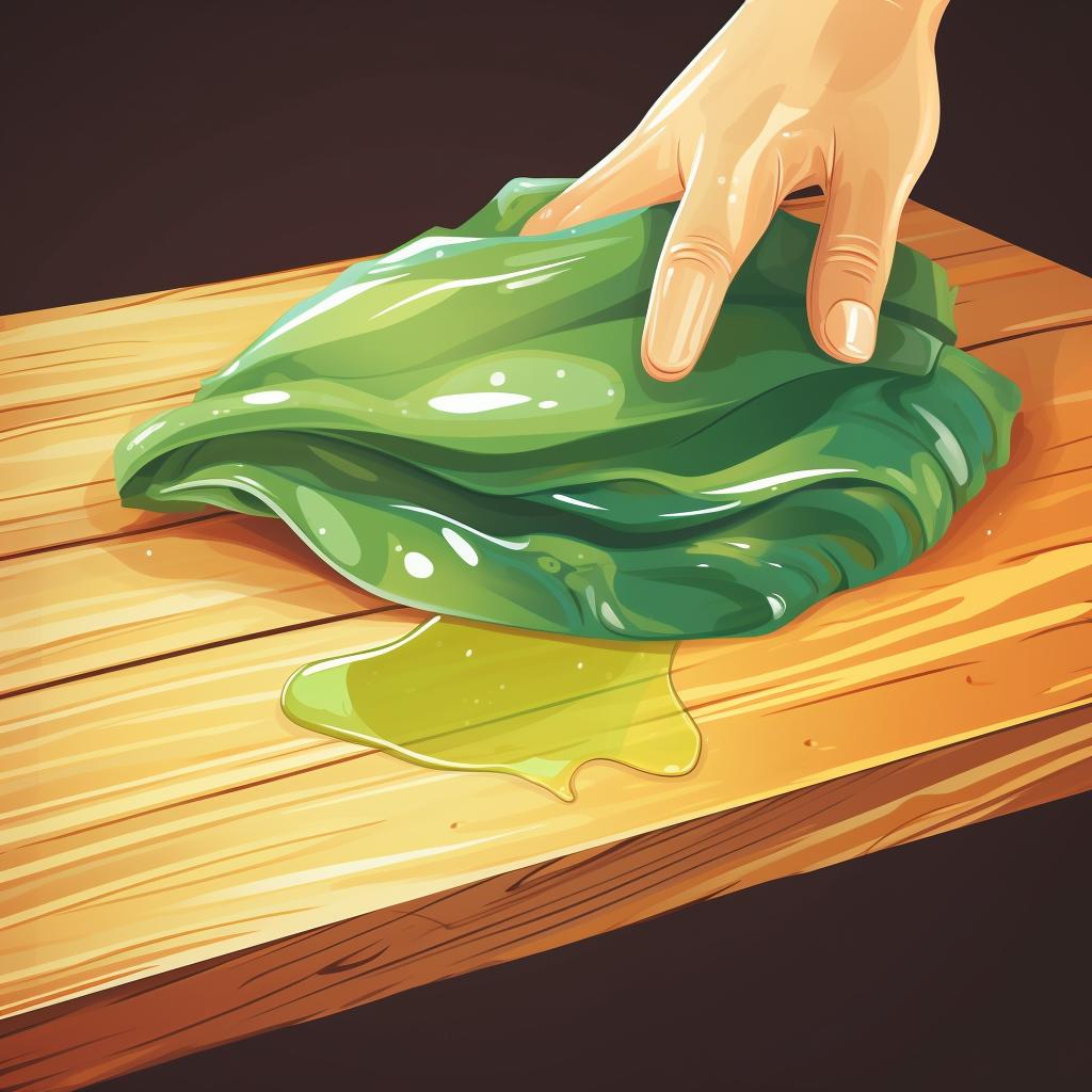 A clean cloth wiping off excess pickling solution from a piece of wood