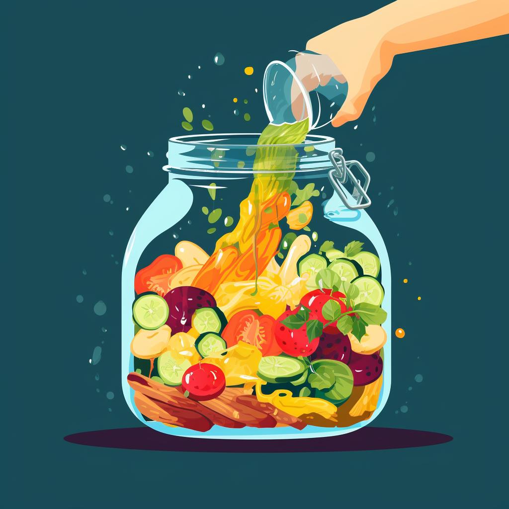 Pouring brine into the jar filled with layered vegetables