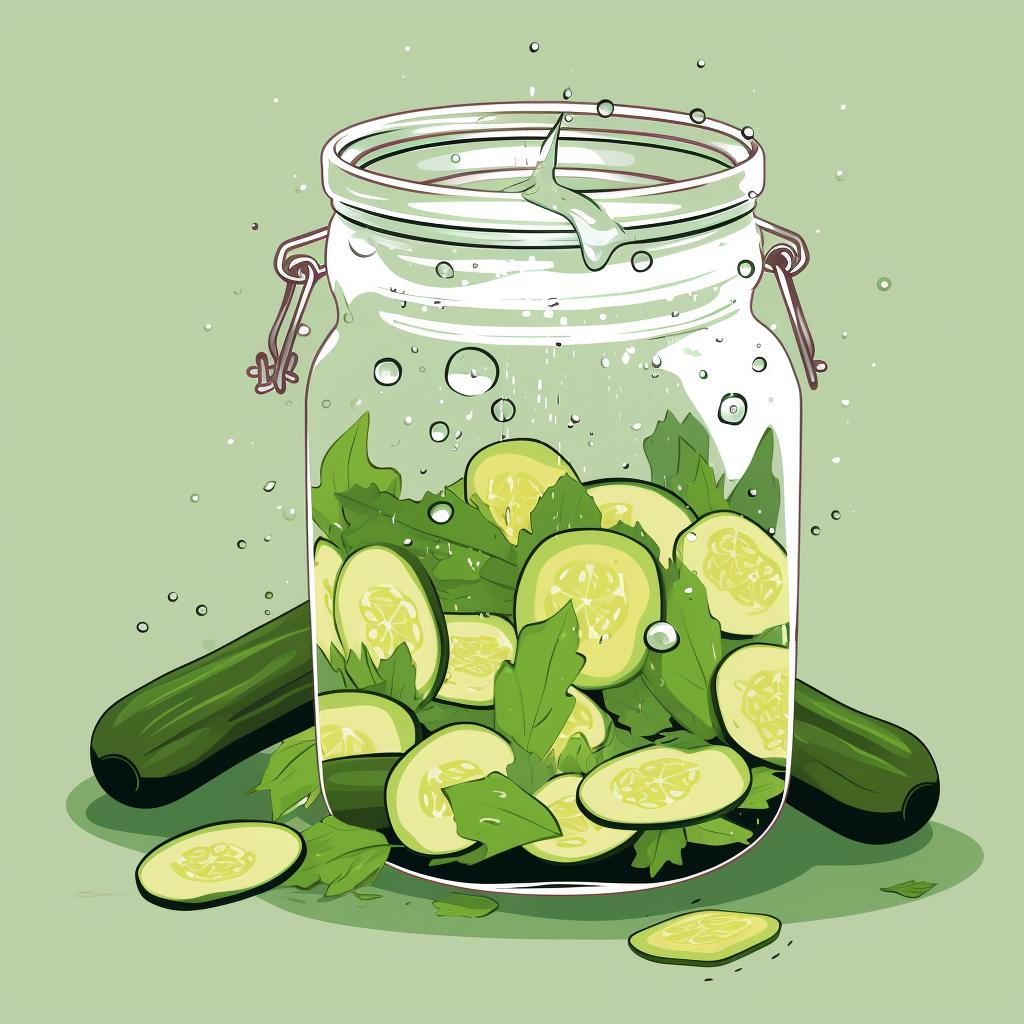 Brine being poured over cucumbers in a jar