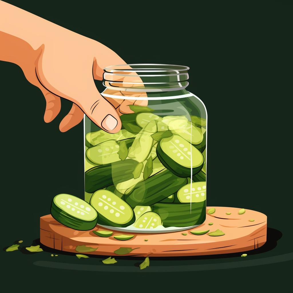A hand sealing a jar filled with cucumbers and brine