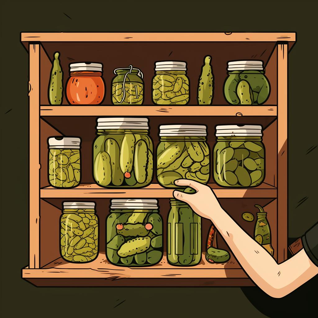A sealed jar of pickles being placed in a pantry.