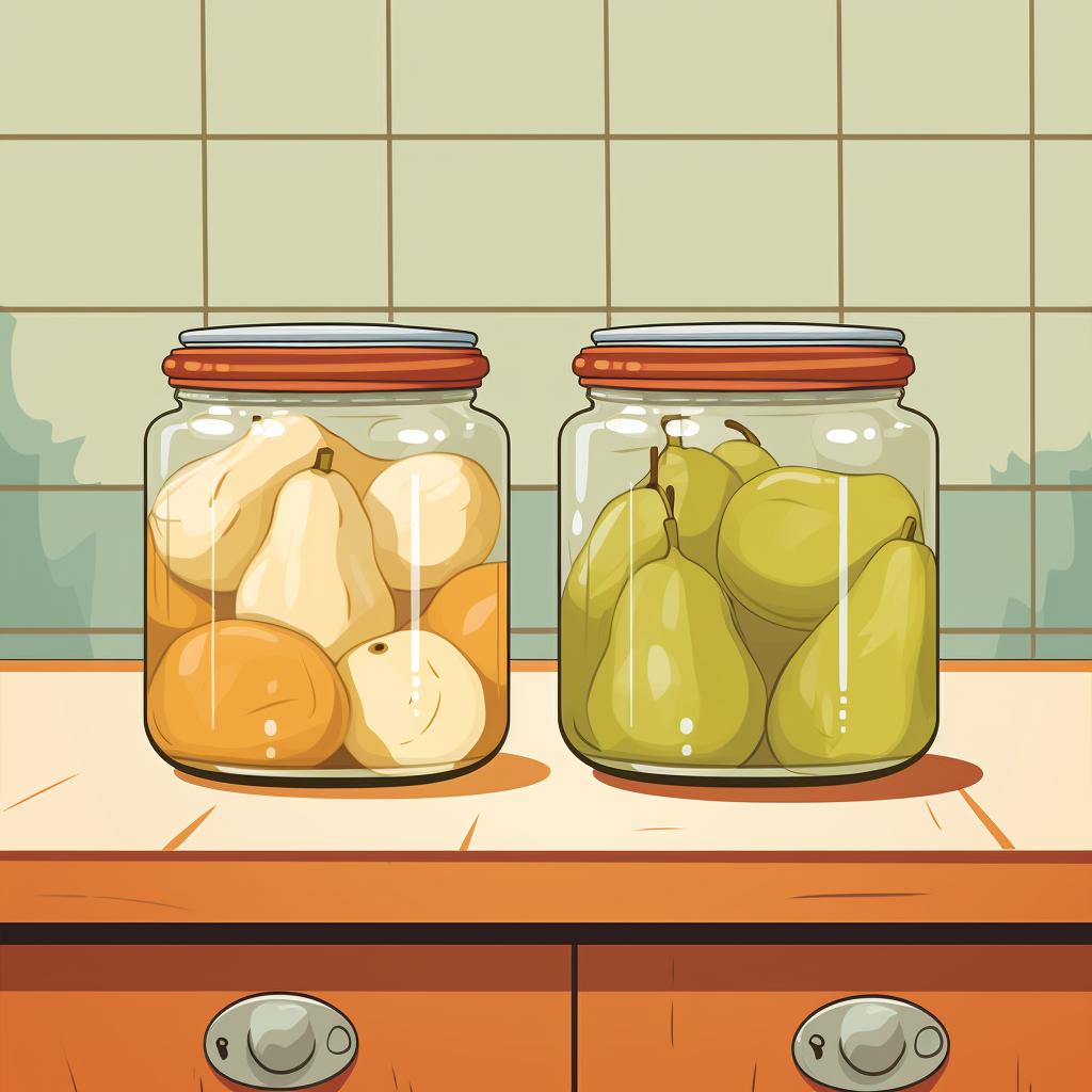 Sealed jars of pickled pears cooling on a kitchen counter