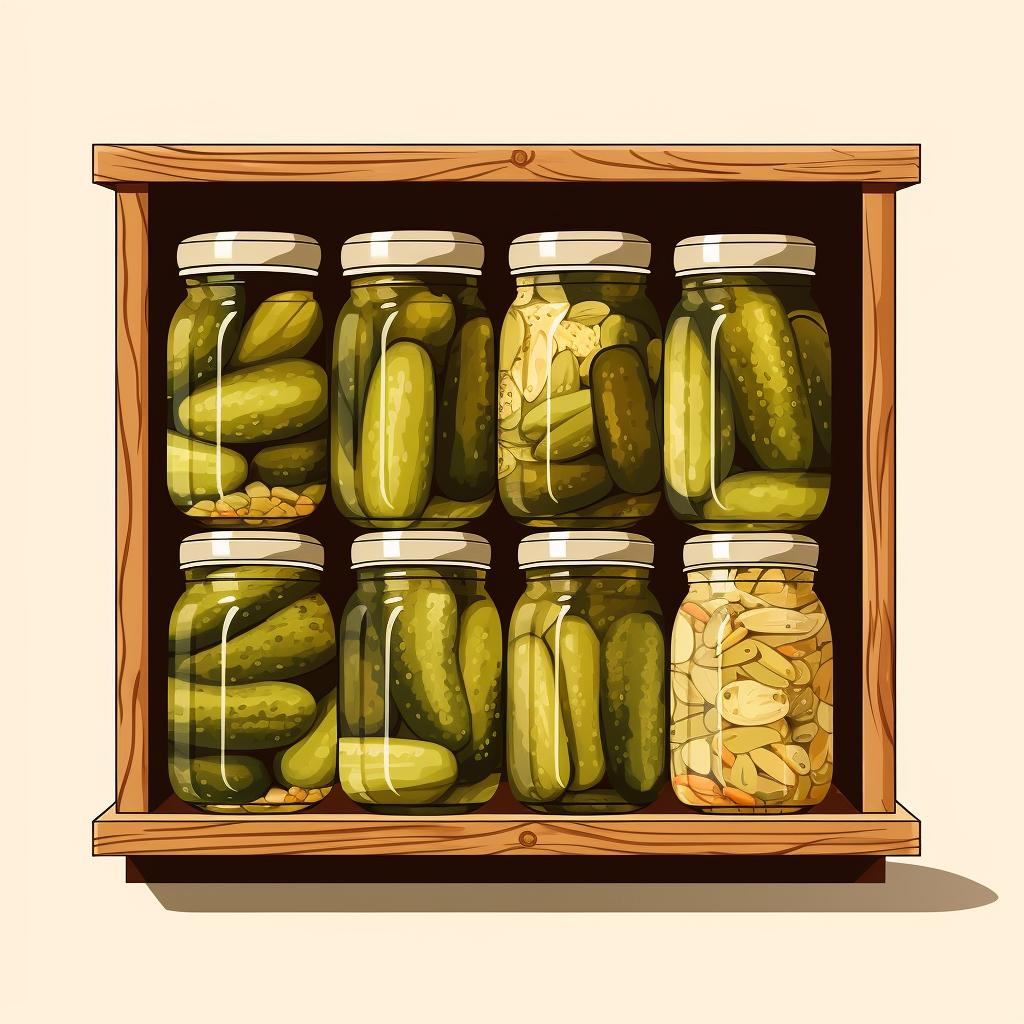 Sealed jar of layered pickles on a kitchen shelf
