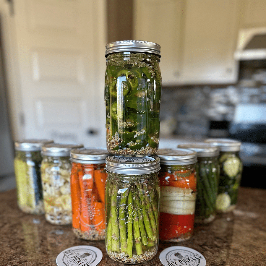 DIY pickling kit with jars, vinegar, salt, sugar, and spices