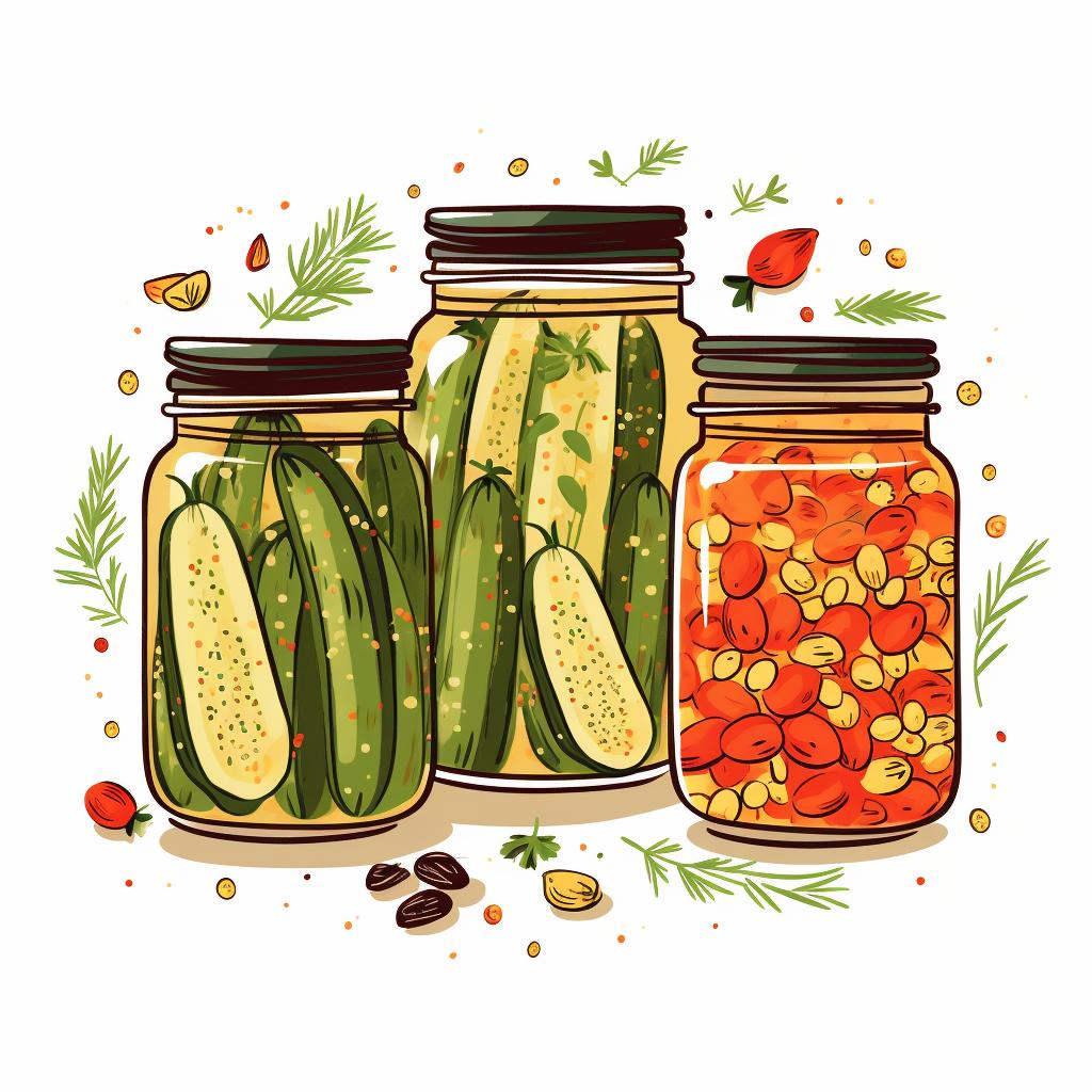 Okra, garlic, dill seeds, and red pepper flakes in jars.