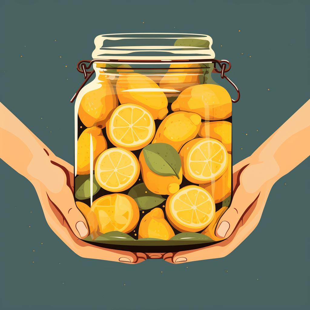 Salted lemons being packed into a jar