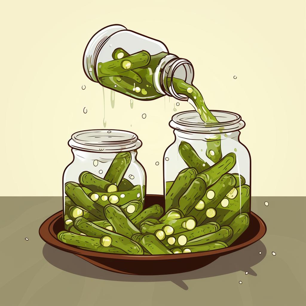 Pouring vinegar mixture into jars filled with okra.