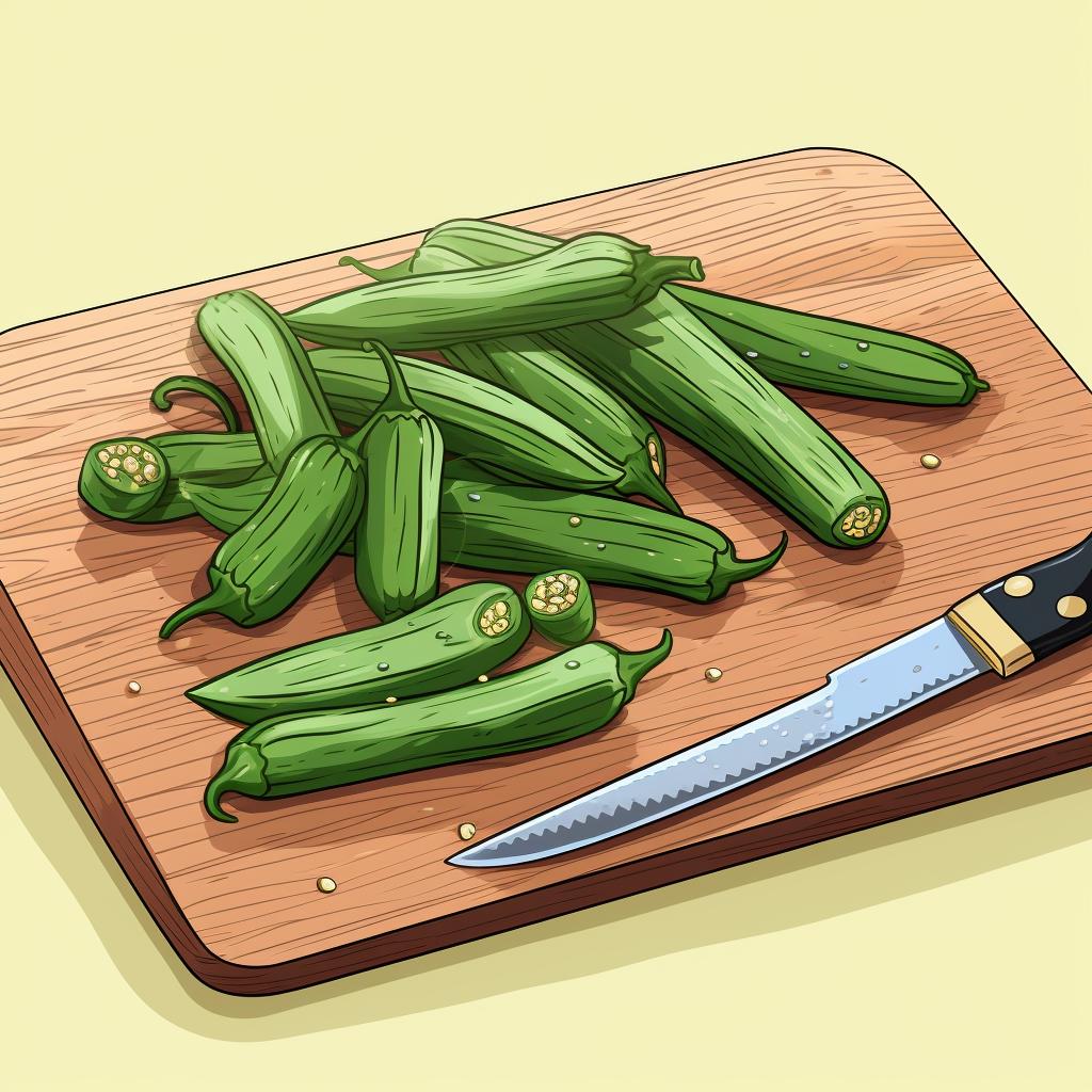 Trimmed okra on a cutting board.