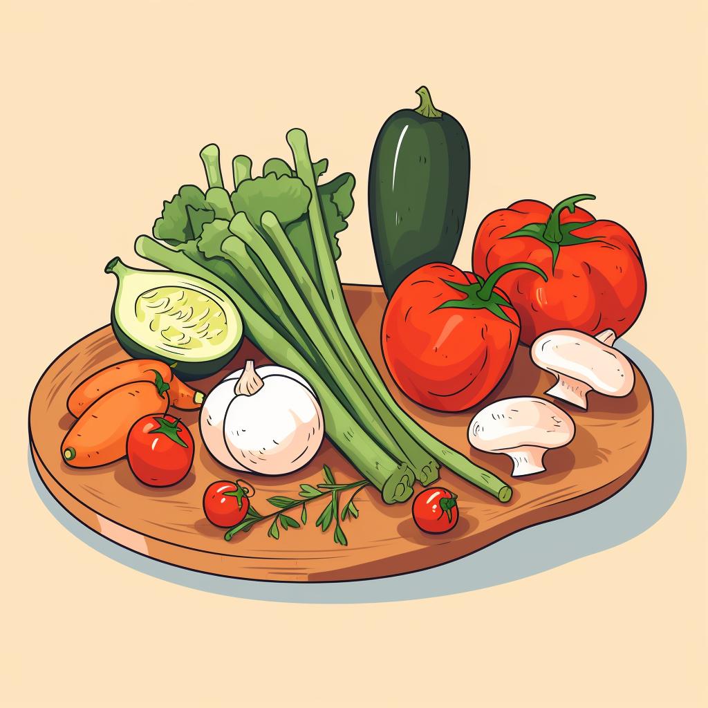 A variety of fresh vegetables on a cutting board.