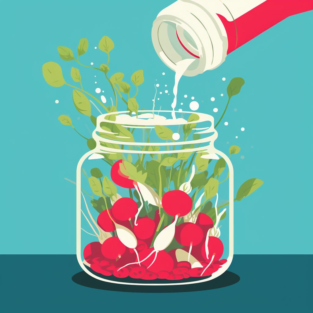 Pouring brine over radishes in a jar
