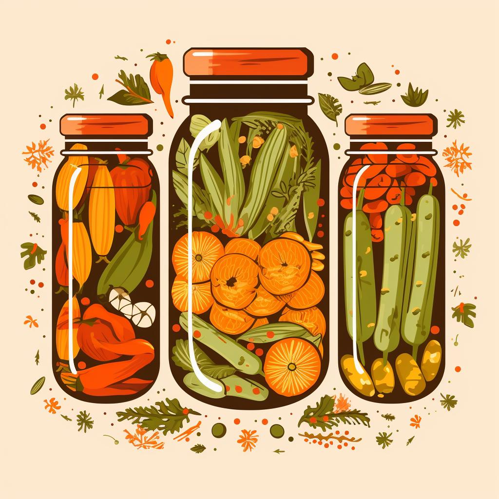 Spices and cut vegetables in sterilized jars.