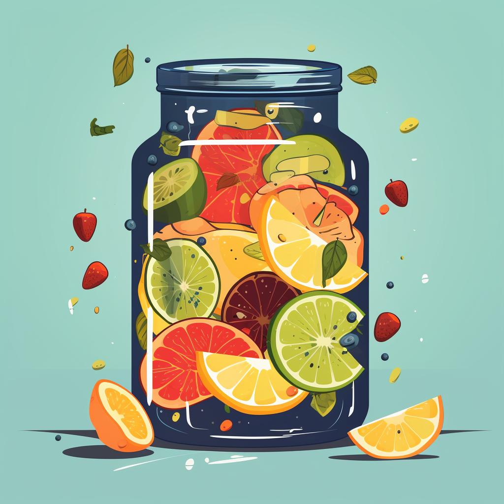 Fruit and brine being added to a glass jar