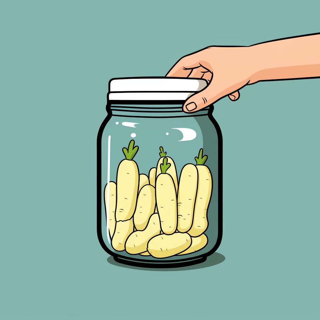 A sealed jar of pickled daikon radish being placed in the refrigerator.