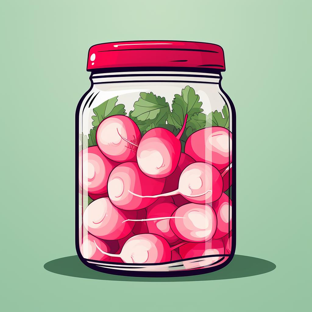 Covered jar of pickled radishes in a refrigerator