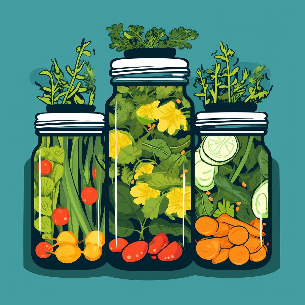 Fresh vegetables and herbs being packed into sterilized jars.