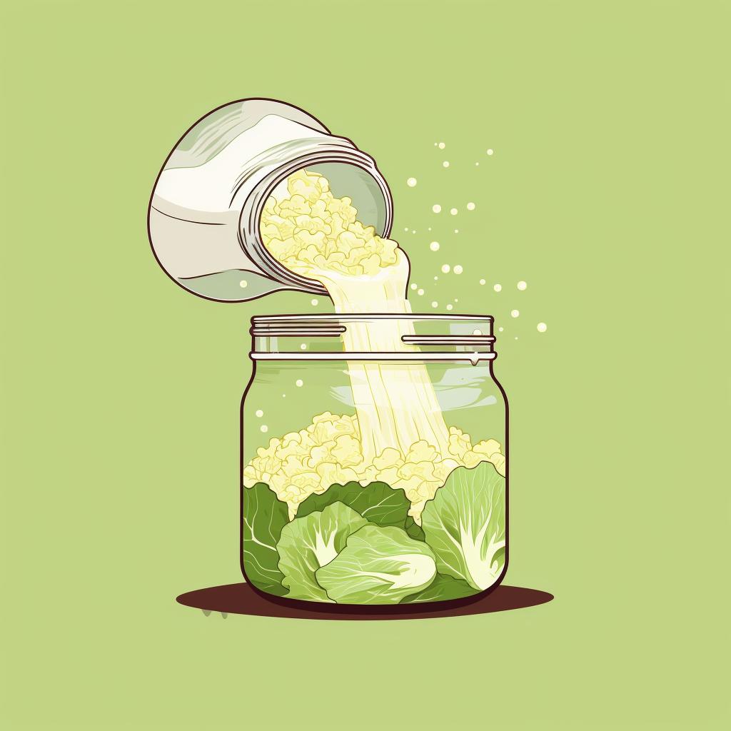 Pouring brine over cabbage in a jar