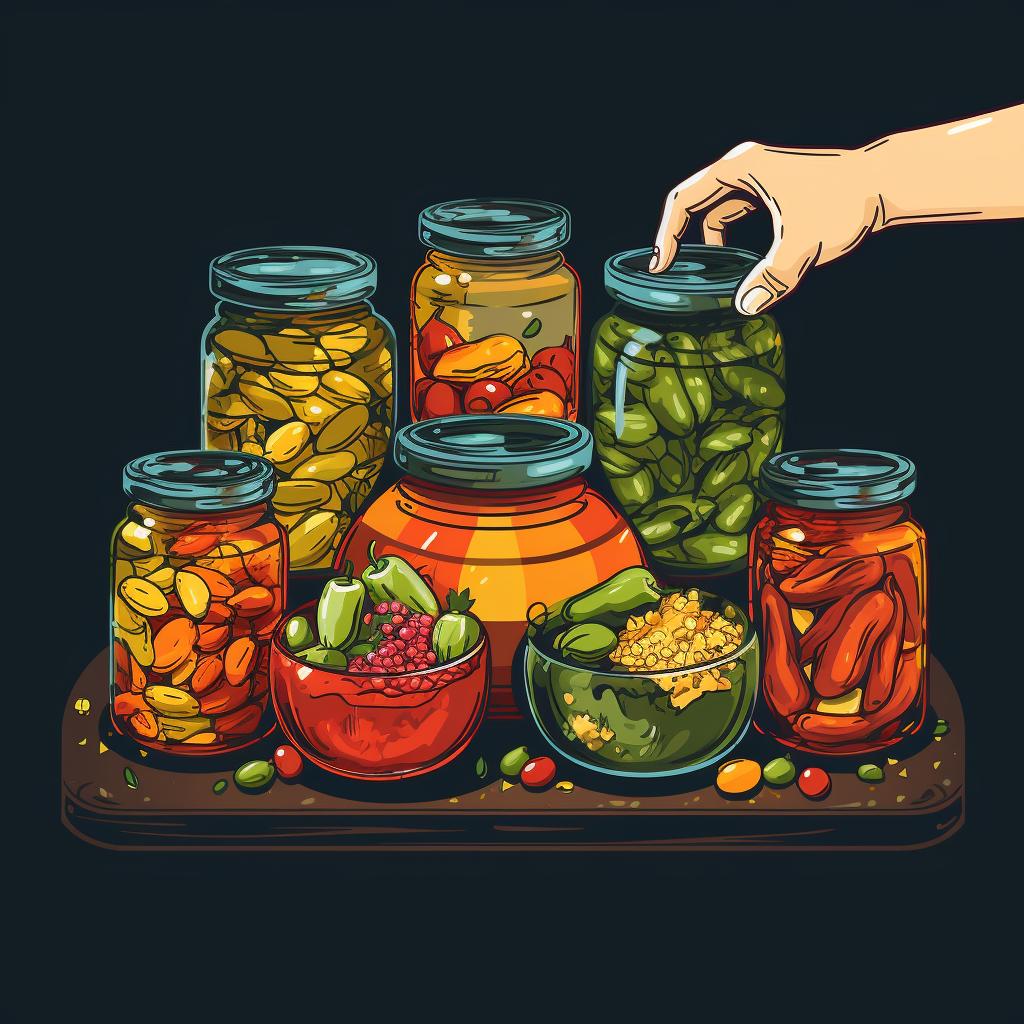 Pouring hot brine into jars filled with vegetables.