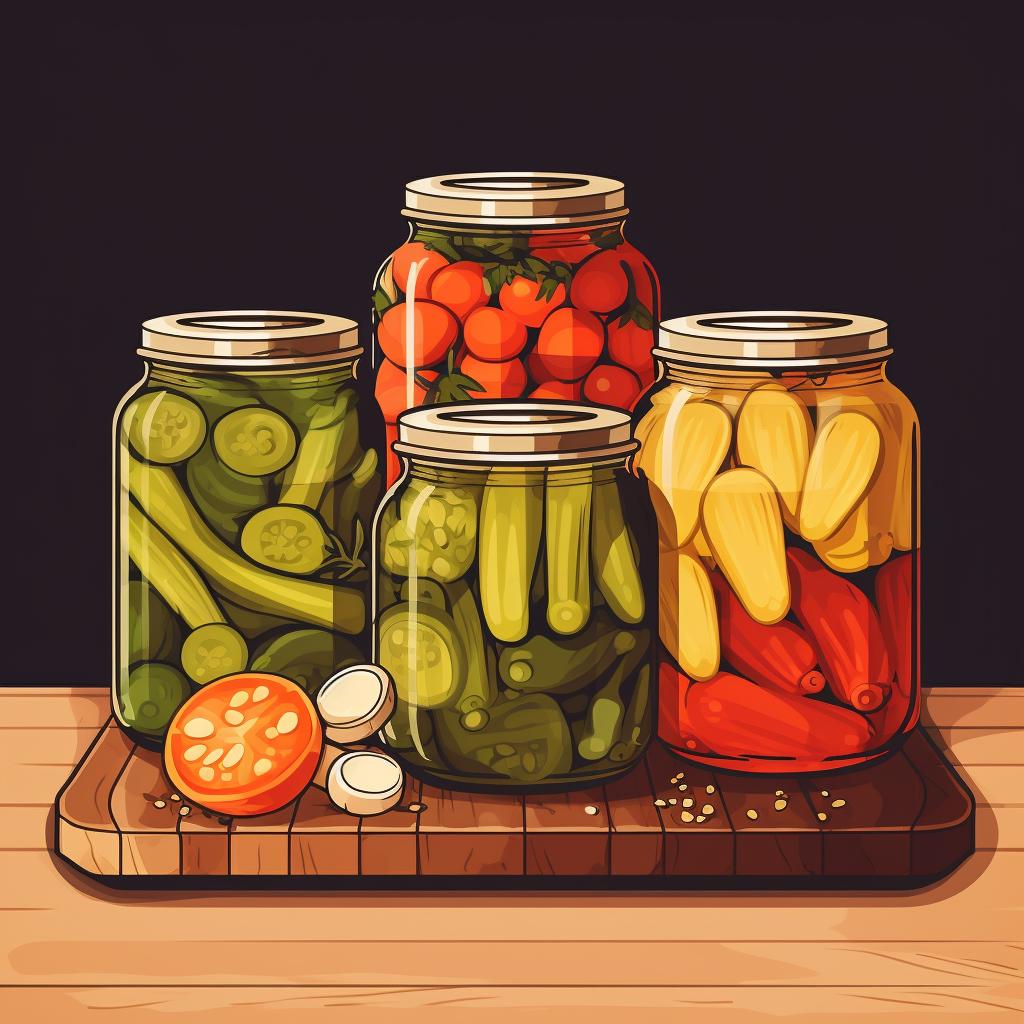 Sealed jars of pickled vegetables cooling on a kitchen counter.