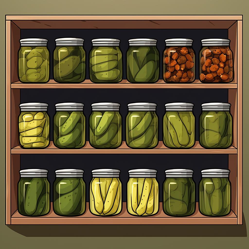 Sealed jars of pickles being placed in a pantry for storage.